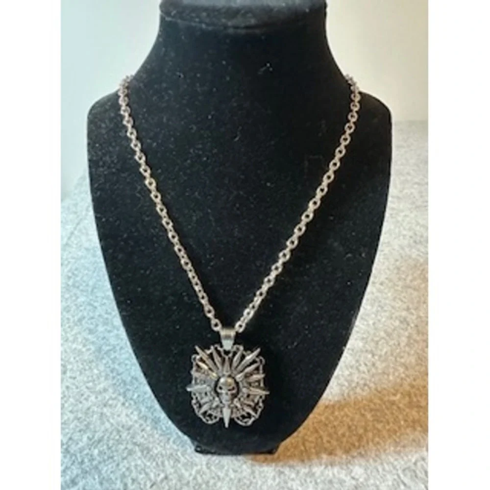 Gothic Skull Sunburst Pendant Necklace Silver Tone Spiked Biker Punk Chain